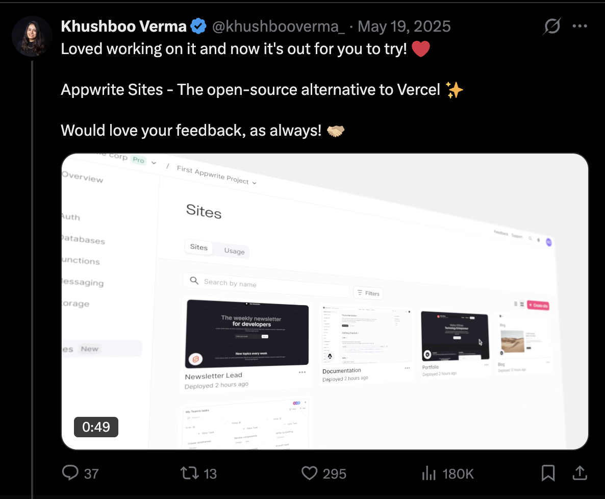 Appwrite Sites launch: Launching Appwrite Sites and inviting developer feedback.